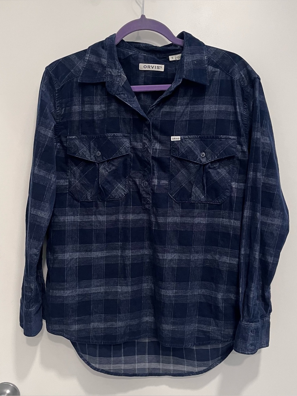 Orvis Women's Blue Plaid Half Button Shirt Long Sleeve Size Small Cotton Blend